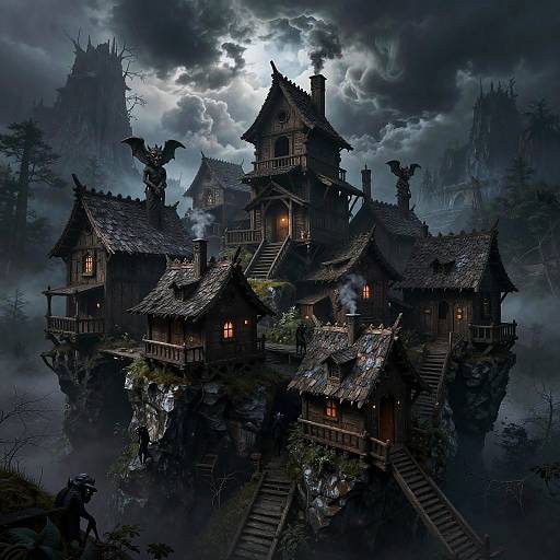 Mysterious, dark, gothic-style wooden house with spires and glowing windows, perched on a misty, rocky cliff under a stormy