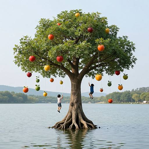 Whimsical Tree with Floating Fruits