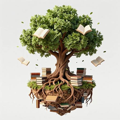 Digitally illustrated tree with green leaves, brown trunk, and exposed roots, floating above a stack of books and flying open books.