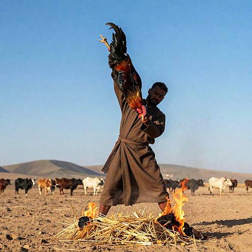 Man Throwing Rooster into Fire in Desert