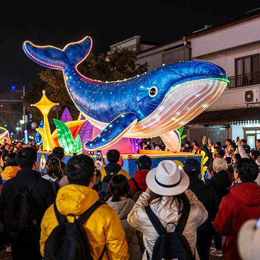 Vibrant Nighttime Parade with Illuminated Whale Float