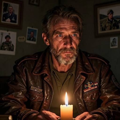 Photograph of a rugged, middle-aged man with gray beard and blue eyes, wearing a brown leather jacket, holding a lit candle, illuminated against dark