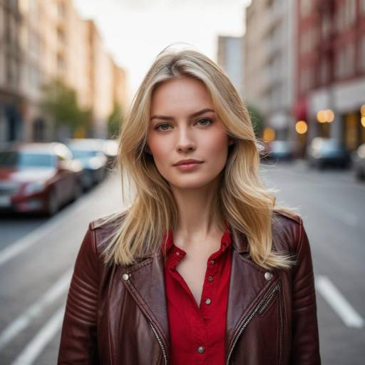 Blonde Woman in Brown Leather Jacket on City Street