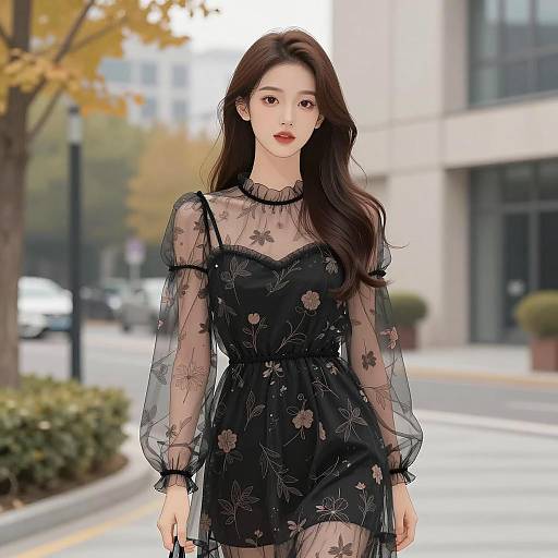 Stylish Young Woman in Sheer Floral Dress