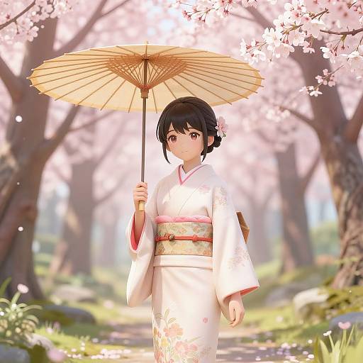 Digital anime-style image of a black-haired woman in a white kimono with pink sash, holding a paper umbrella, standing in a sunlit cherry