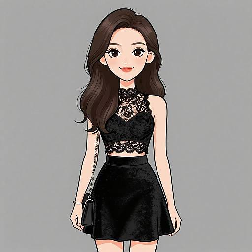 Digital anime-style drawing of a young woman with long brown hair, wearing a black lace sleeveless top and black skirt, holding a small black purse,