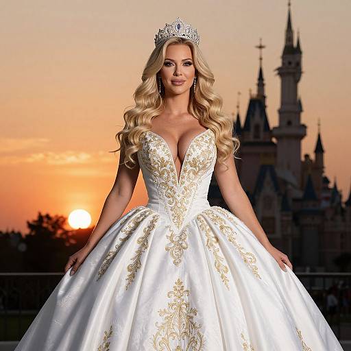 Photograph of a blonde woman with long curls, wearing a white, gold-embroidered strapless ball gown, tiara, and castle backdrop