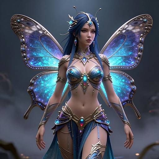 Digital art of a blue-haired fairy queen with glowing blue butterfly wings, wearing ornate golden and blue armor, in a dark, mystical forest.