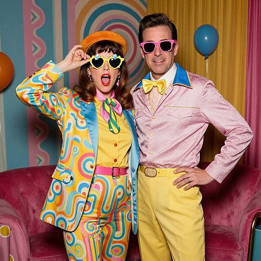 Photograph of a retro-styled couple: woman in colorful 70s outfit, orange hat, heart sunglasses; man in pink shirt, yellow bow