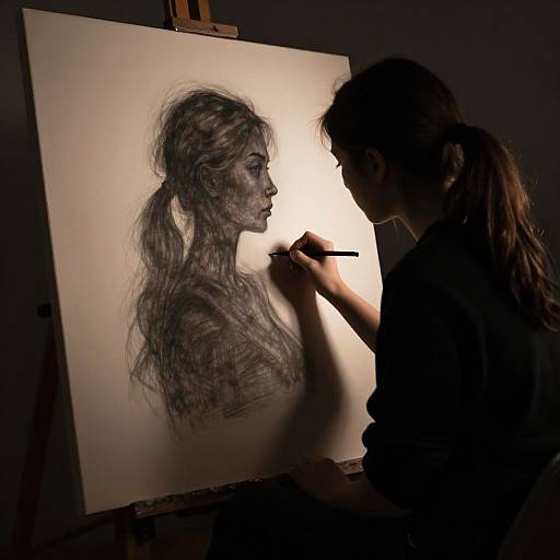Photograph of a silhouetted artist with long hair, sketching a detailed, textured profile portrait of a woman with a ponytail on a