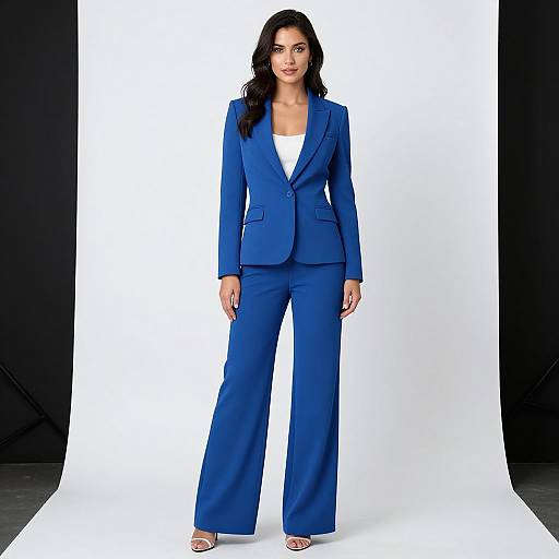 Photograph of a confident woman with long black hair, wearing a vibrant blue suit, white top, and silver sandals, standing against a white-to-black