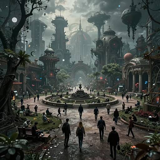 Digital art of a futuristic, dystopian city square with towering, steampunk-style buildings, people walking, a central fountain, and a cloudy sky