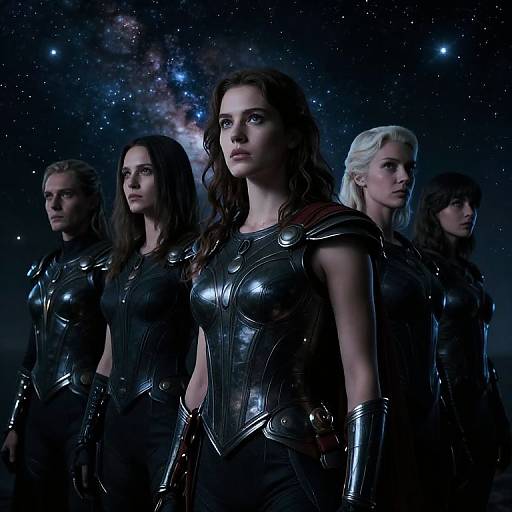 Photograph of five female warriors in black, glossy armor, standing in a starry, cosmic background. Center woman with long brown hair, others with