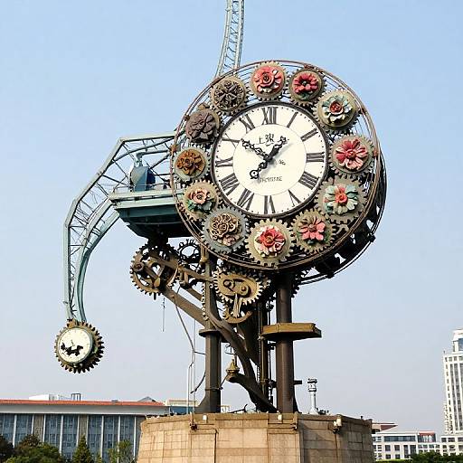 Photograph of a large, steampunk-style clock with gears and flowers, mounted on a metal arm, set against a clear blue sky. Urban