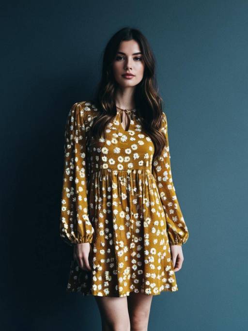 Woman in Mustard Daisy Print Mini Dress