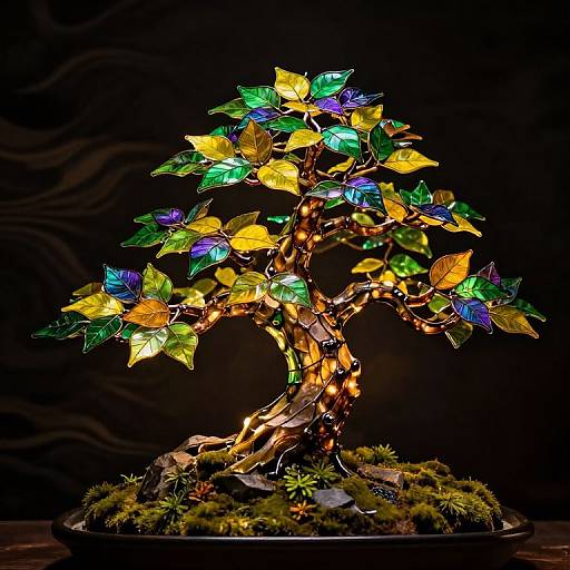 Glowing stained glass tree sculpture with colorful, illuminated leaves and intricate branches, set on mossy base against dark background.
