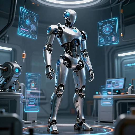 Photorealistic CGI of a shiny silver humanoid robot standing in a futuristic lab with blue holographic interfaces and sleek, dark gray walls.