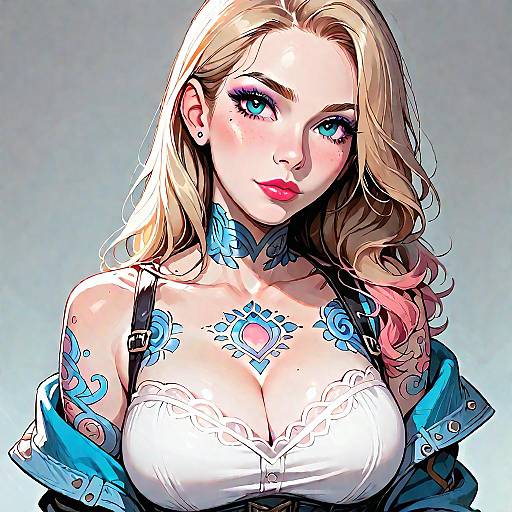 Blonde Woman with Tattoos in Denim Corset