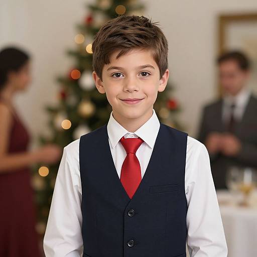 Photograph of a young boy with short brown hair, wearing a white shirt, black vest, and red tie, smiling in front of a Christmas tree