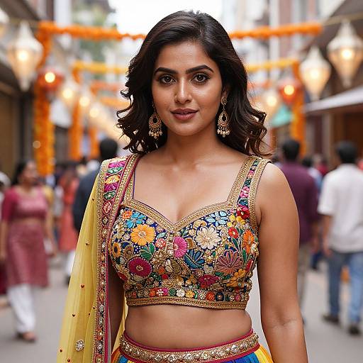 Photograph of an Indian woman with medium-dark skin, dark wavy hair, wearing a colorful floral embroidered crop top and yellow saree, standing in