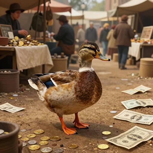 Photograph of a mallard duck standing on a dirt market floor, surrounded by scattered coins, newspaper bills, and vendors in the blurred background.