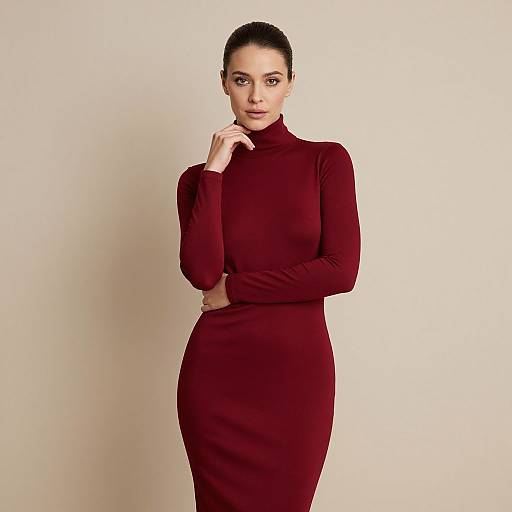 Photograph of a woman with dark hair in an elegant, form-fitting, long-sleeve, deep red turtleneck dress, standing against