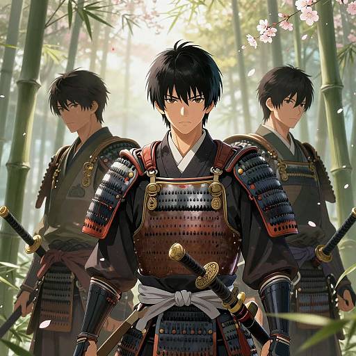 Samurai Warriors in Serene Bamboo Forest