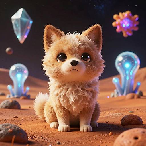 CGI image of a fluffy, wide-eyed, tan puppy with large black eyes, sitting on a glowing, rocky, extraterrestrial desert landscape with