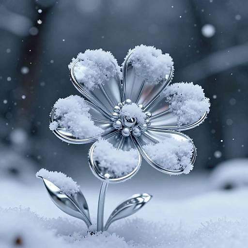 Photograph of a clear, metallic flower with snow-covered petals, set against a blurred, snowy background with falling snowflakes.