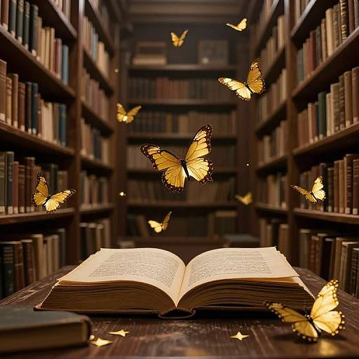 Photograph of an open book on a wooden table in a library, surrounded by floating, glowing yellow butterflies.