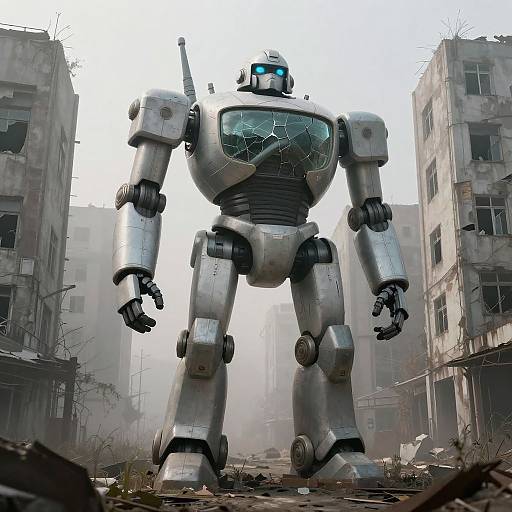 CGI image of a towering, silver, cracked-visor robot standing in a dilapidated, foggy urban ruin with broken buildings.
