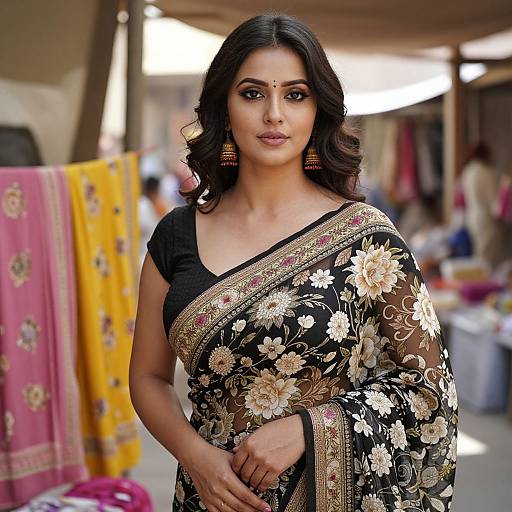 Photograph of a beautiful Indian woman with dark wavy hair, wearing a black floral saree, gold earrings, and a black blouse, standing in