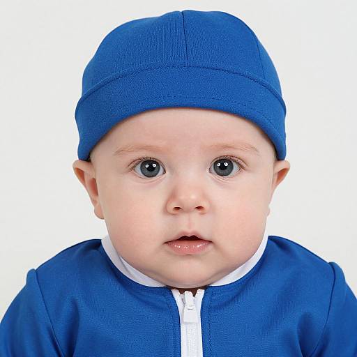 Photograph of a baby with fair skin, wide blue eyes, and a surprised expression, wearing a blue beanie and matching blue outfit with a white