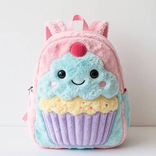 Cute plush backpack shaped like a pastel-colored cupcake with a smiling face, red dot, and small pink horns, against a white background.