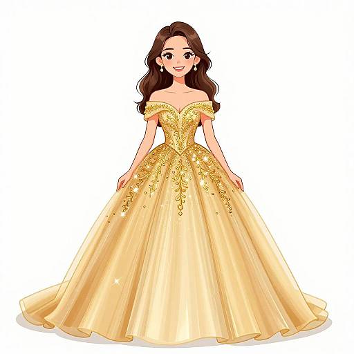 Digital anime-style drawing of a smiling woman with long brown hair, wearing an off-the-shoulder, golden, intricately embroidered ball gown.