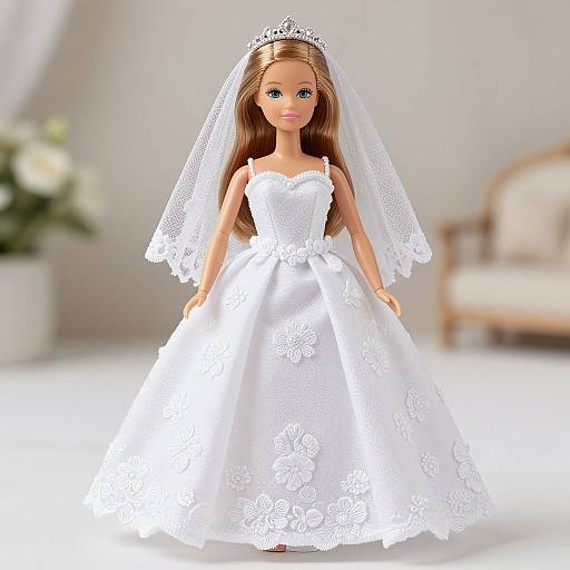 Photograph of a blonde doll in a white lace wedding dress and veil, with a silver tiara, standing in a softly lit, blurred background with