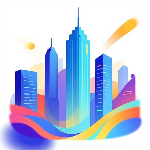 Digital art of a vibrant cityscape with blue skyscrapers, colorful swirling waves, and a sun in the white background.