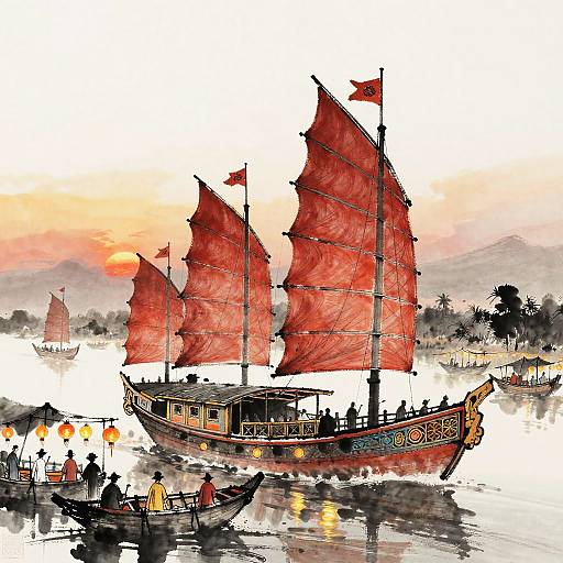 Xieyi Ink Painting of Mekong Junk