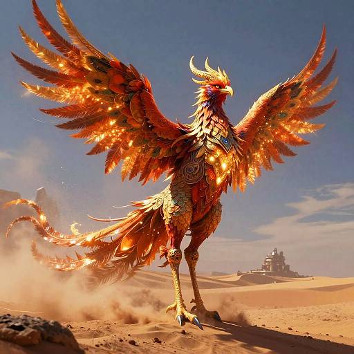 Digital illustration of a fiery, majestic phoenix with glowing red-orange feathers, large wings spread, standing in a desert with a distant castle. Bright sunlight,