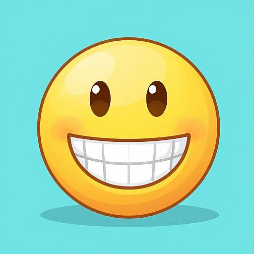 Digital illustration of a yellow, smiling emoji with large black eyes and a wide, white-toothed grin on a light blue background.