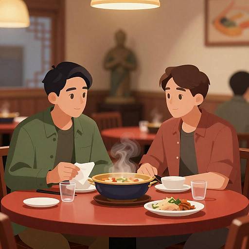 Two Men at a Red Restaurant Table