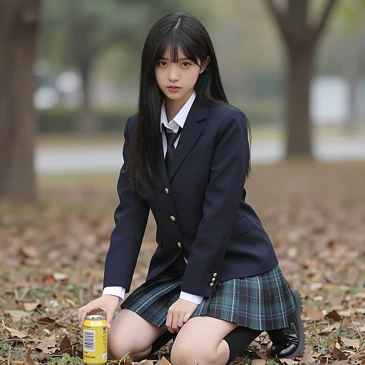 Asian Woman in School Uniform on Leaves