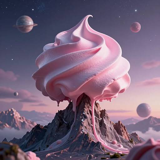 Digital artwork of a pink, swirled whipped cream mountain towering over a rocky landscape with planets in a starry, twilight sky.