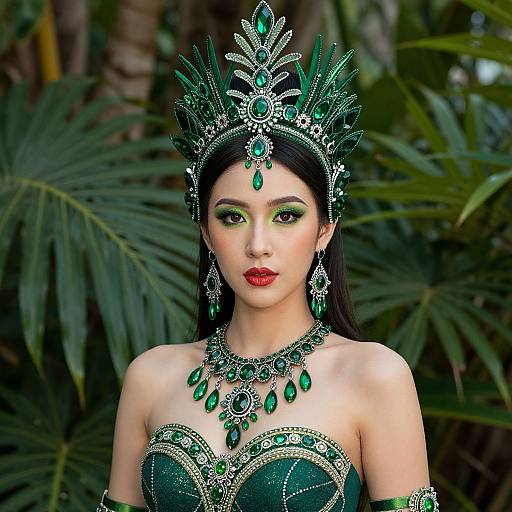 Photograph of an Asian woman with long black hair, wearing an elaborate green and silver crown, matching necklace, and strapless gown, standing against a