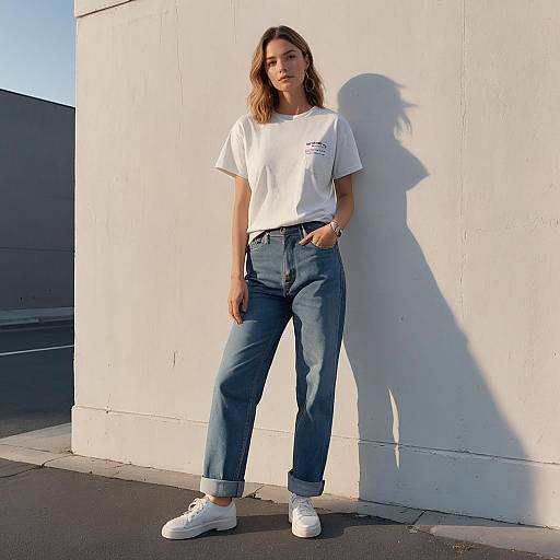 Woman in Casual Low Rise Baggy Jeans and T-shirt