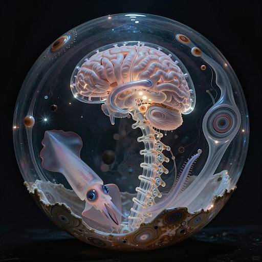 Futuristic Symbiotic Brain and Squid in Transparent Sphere