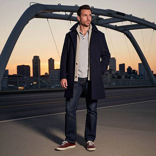 Photograph of a bearded man in a black coat, white shirt, dark jeans, and brown sneakers, standing on a bridge at sunset with city