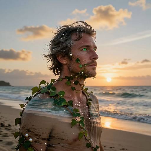 Photograph of a shirtless, bearded man with wet, wavy gray hair, wearing green vine garland, standing on a beach at sunset