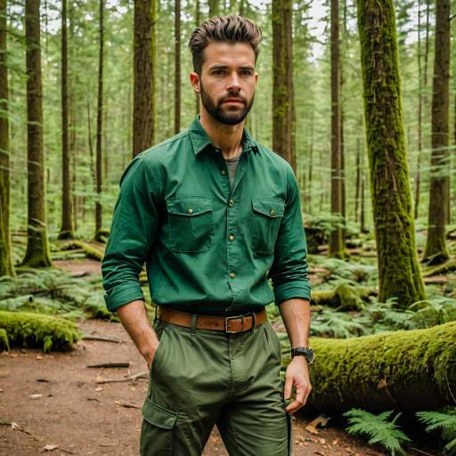 Athletic Man in Green Workwear on Forest Trail