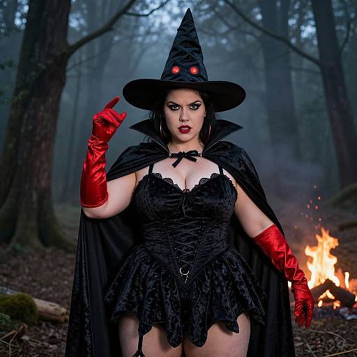 Photograph of a curvy woman with pale skin, red lipstick, and red gloves, wearing a black witch costume and hat, standing in a fog